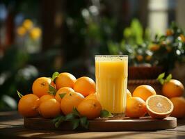 AI Generated Orange juice on wood table photo