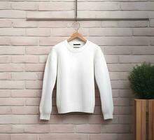 White sweater Mockup With brick Background ai generate photo