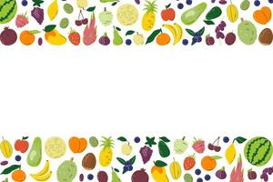 Fruity horizontal banner with copy space.  Rectangle frame full of different exotic fruits. Template design with tropical related background. local farmers food. Hand drawn flat vector illustration