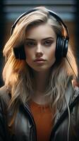 Beautiful girl wearing headset. Generative AI photo