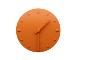 Minimal Orange clock Half past one o'clock abstract Minimalist wall clock thirteen thirty or one thirty 3d Illustration png