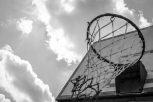 Basketball hoop on blue sky photo