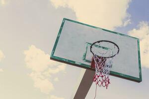 Basketball hoop on blue sky photo