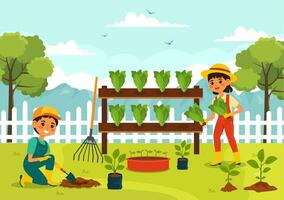 Growing Vegetables Vector Illustration with Harvest, Farming Various Vegetable and Organic Natural Crop at a Garden in Kids Cartoon Background Design