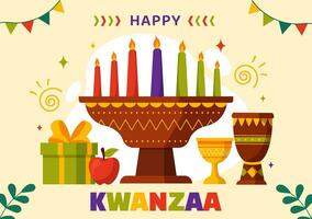 contento kwanzaa vector ilustración con mazao, zawadi, mkeka, kinara, regalos, taza, velas en tradicional fiesta africano símbolo plano dibujos animados antecedentes
