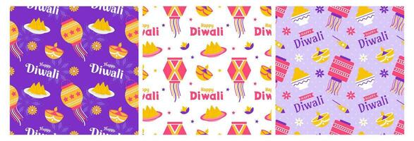 conjunto de contento diwali sin costura modelo ilustración diseño con ligero festival de India ornamento en dibujos animados mano dibujado modelo vector