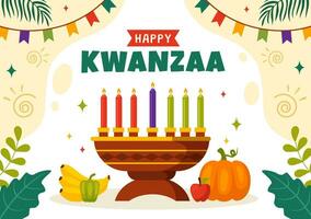 contento kwanzaa vector ilustración con mazao, zawadi, mkeka, kinara, regalos, taza, velas en tradicional fiesta africano símbolo plano dibujos animados antecedentes