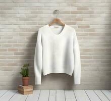 White sweater Mockup With brick Background ai generate photo