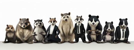 Group of badger in a business suit standing in front of a white background.  AI Generative photo