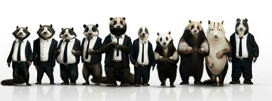 Group of badger in a business suit standing in front of a white background.  AI Generative photo