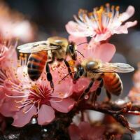 miel abeja coleccionar néctar desde flores en agua, de cerca, 3d prestado. ai generativo foto
