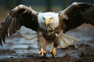 calvo águila Haliaeetus leucocéfalo americano águila volador en el brumoso bosque. filtrado imagen procesada Clásico efecto. ai generativo foto