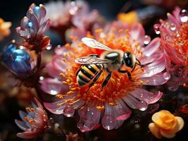 Honey bee collecting nectar from flowers in water, closeup, 3d rendered. AI Generative photo