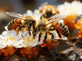 miel abeja coleccionar néctar desde flores en agua, de cerca, 3d prestado. ai generativo foto