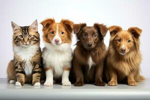 Group of dogs and cats sitting in front of a white background.  AI Generative photo