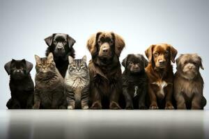 Group of dogs and cats sitting in front of a white background.  AI Generative photo