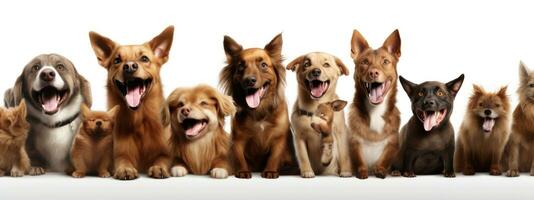 Group of dogs in front of a white background with space for text. AI Generative photo