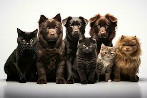 grupo de perros y gatos sentado en frente de un blanco antecedentes. ai generativo foto