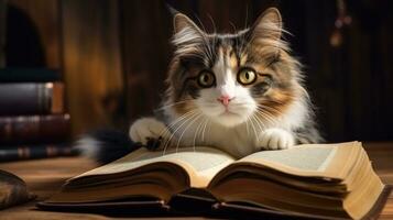 Tricolor cat lying on a book and looking at the camera. AI Generative photo