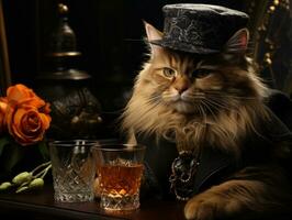 Cute Maine Coon cat in black hat with cigar and glass of whiskey. photo