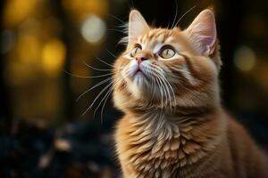 retrato de un jengibre gato con grande ojos en un negro antecedentes. ai generativo foto