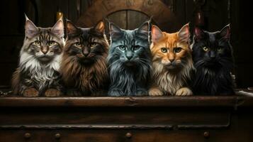 Group of cats in a wooden box on a brick wall background. AI Generative photo
