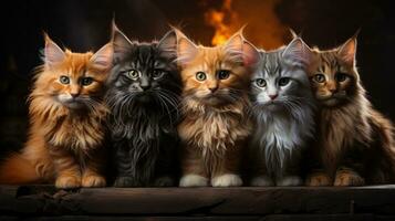 Group of cats in a wooden box on a brick wall background. AI Generative photo