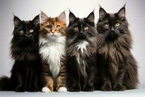 Group of multicolored maine coon cats on white background AI Generative photo