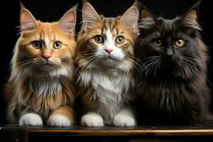Group of cats in a wooden box on a brick wall background. AI Generative photo