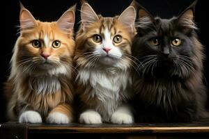 Group of cats in a wooden box on a brick wall background. AI Generative photo