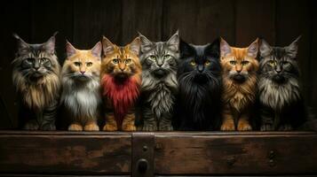 grupo de gatos en un de madera caja en un ladrillo pared antecedentes. ai generativo foto