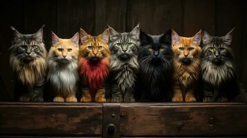 Group of cats in a wooden box on a brick wall background. AI Generative photo