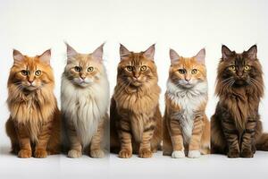 Group of multicolored maine coon cats on white background AI Generative photo
