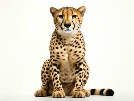 close-up portrait of cheetah in front of a white background with copy space. studio shot. AI Generative photo