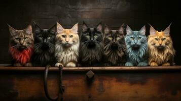 Group of cats in a wooden box on a brick wall background. AI Generative photo