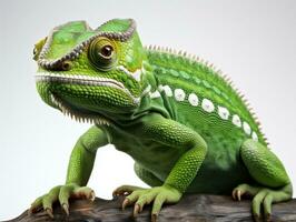 Green chameleon on a gray background. Studio shot. Isolated. side view, Studio shot.  AI Generative photo