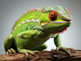 Green chameleon on a gray background. Studio shot. Isolated. side view, Studio shot.  AI Generative photo