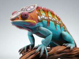 Colorful chameleon on a branch isolated on gray background, side view, Studio shot. AI Generative photo