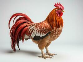 Beautiful rooster isolated on white background, studio shot, side view, 3D illustration. AI Generative photo