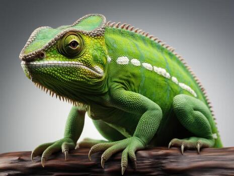 Green chameleon on a gray background. Studio shot. Isolated. side view, Studio shot.  AI Generative photo