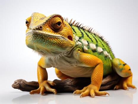 Green chameleon on a gray background. Studio shot. Isolated. side view, Studio shot.  AI Generative photo