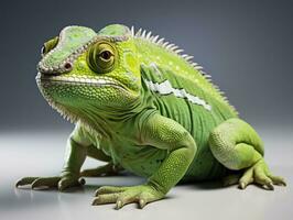 Green chameleon on a gray background. Studio shot. Isolated. side view, Studio shot.  AI Generative photo