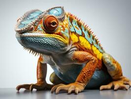 Colorful chameleon on a branch isolated on gray background, side view, Studio shot. AI Generative photo