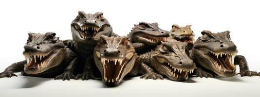 Group of crocodiles isolated on a white background. Studio shot. 3d rendering. AI Generative photo