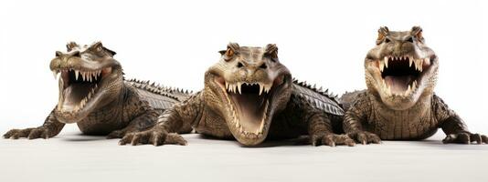 Group of crocodiles isolated on a white background. Studio shot. 3d rendering. AI Generative photo