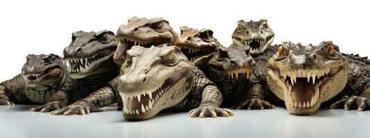 Group of crocodiles isolated on a white background. Studio shot. 3d rendering. AI Generative photo