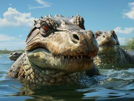 crocodile on the river bank. 3d render.  AI Generative photo