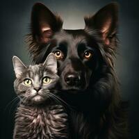 Portrait of a border collie dog and a cat. Studio shot. AI Generative photo