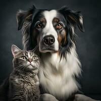 Portrait of a border collie dog and a cat. Studio shot. AI Generative photo