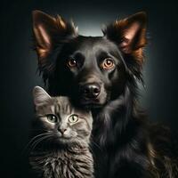 Portrait of a border collie dog and a cat. Studio shot. AI Generative photo